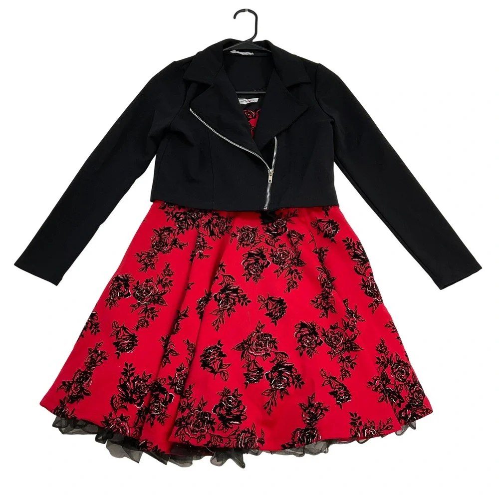 Knit Works Girls Red Black Floral Glitter Dress & Moto Jacket Set‎ Size 14